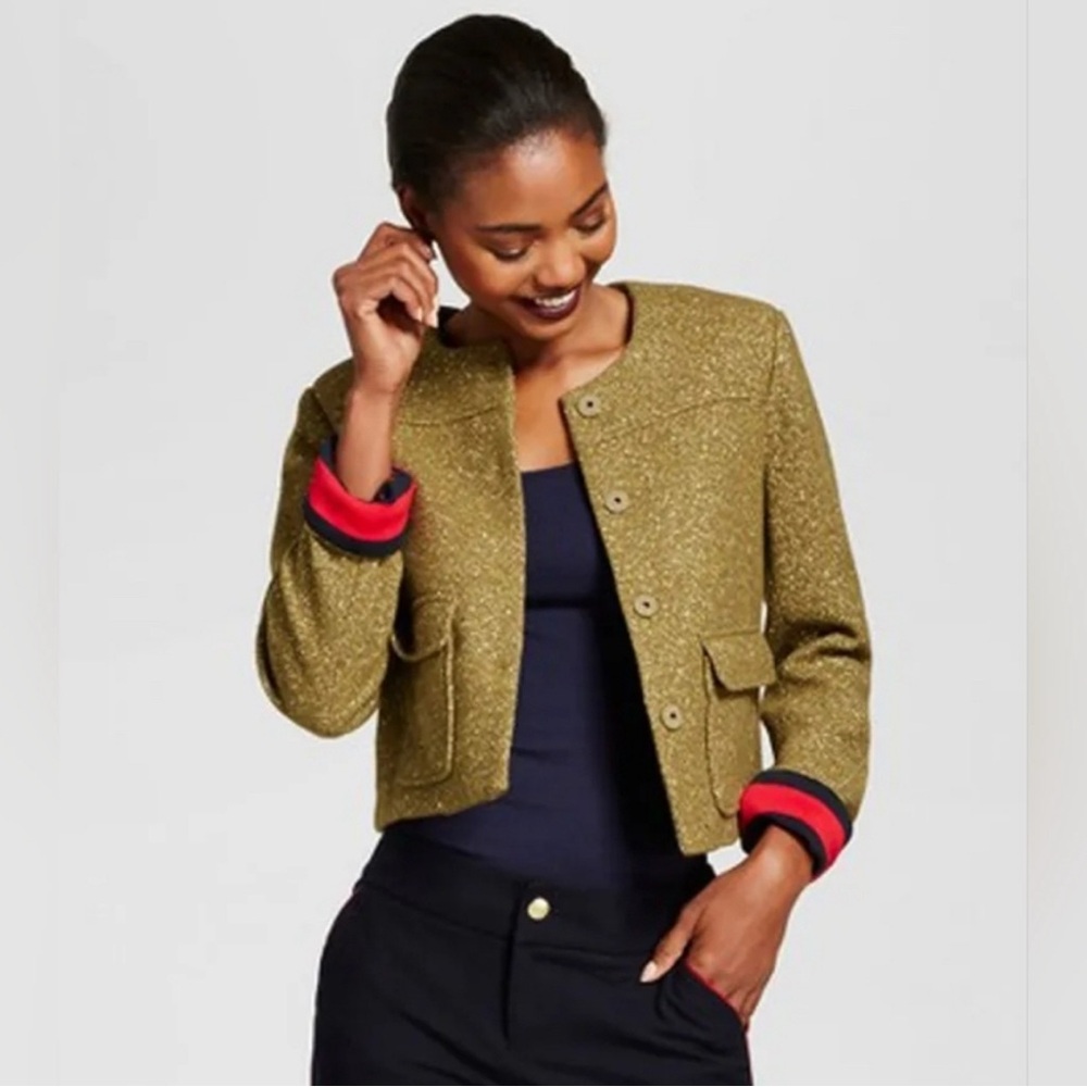 a new day Metallic Gold Cropped Tweed Blazer with Red & Navy Trim